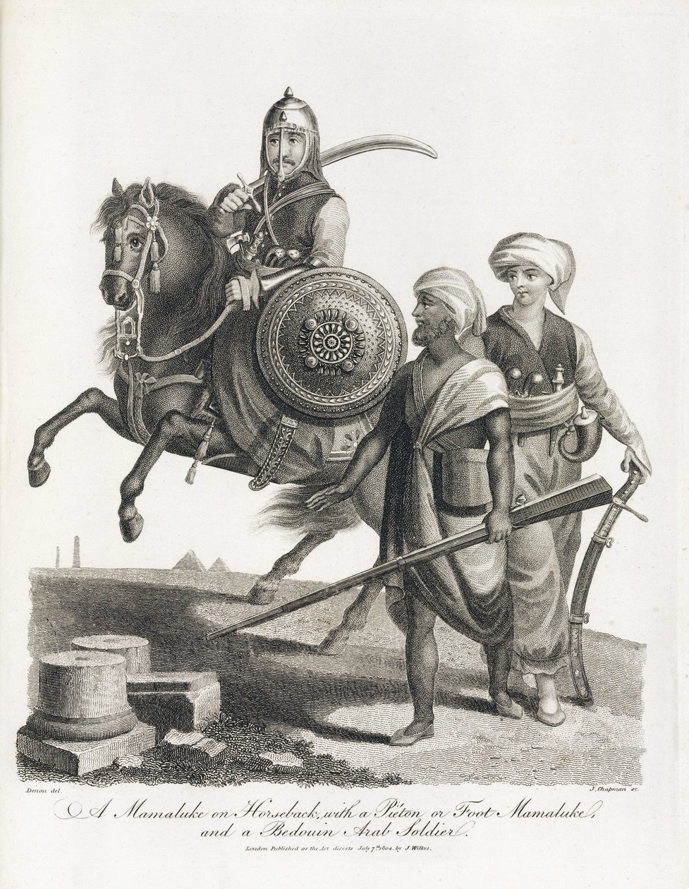 Cavaleiro Mamluk e soldados da infantaria Mamluk e beduína, em 1804 de Unbekannt
