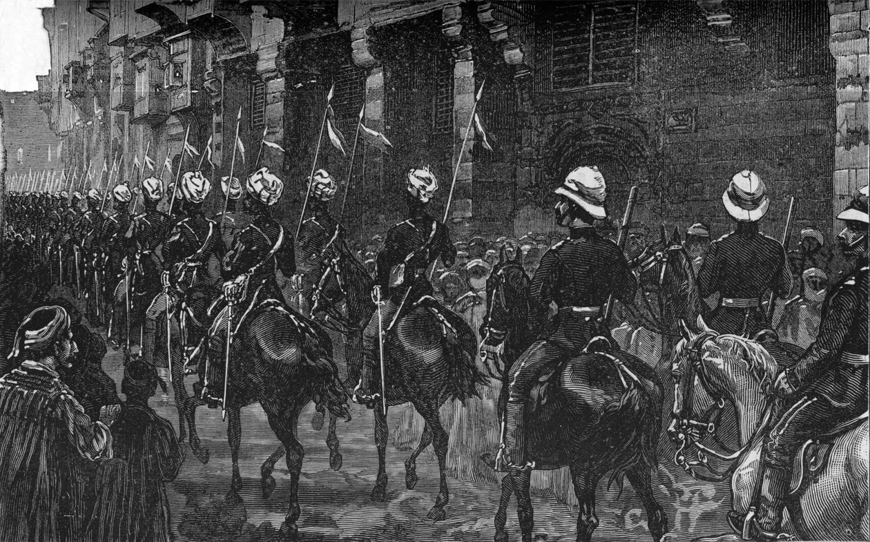 Demonstração de cavalaria no bairro árabe, Cairo, c1882-85 de Unbekannt
