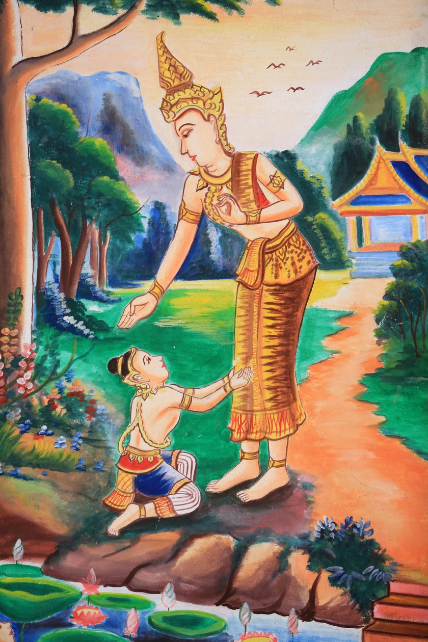 Obras de arte de tecto que retratam a vida de Buda. Templo Wat Si Sou Mang Karam. Vieng Vang. Laos, 20151102, Vieng Vang, Laos de Unbekannt