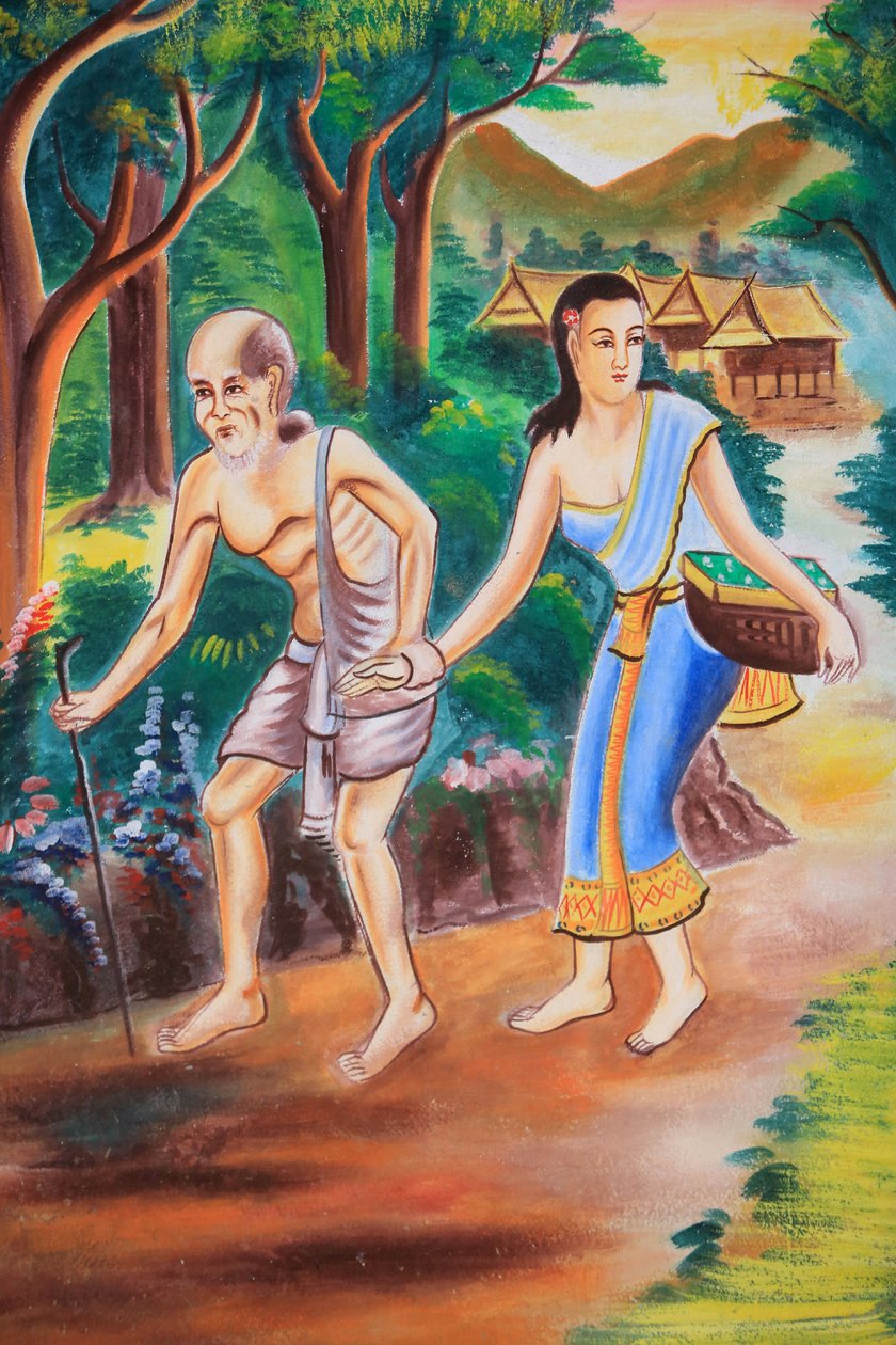 Obras de arte de tecto que retratam a vida de Buda. Templo Wat Si Sou Mang Karam. Vieng Vang. Laos, 20151102, Vieng Vang, Laos de Unbekannt