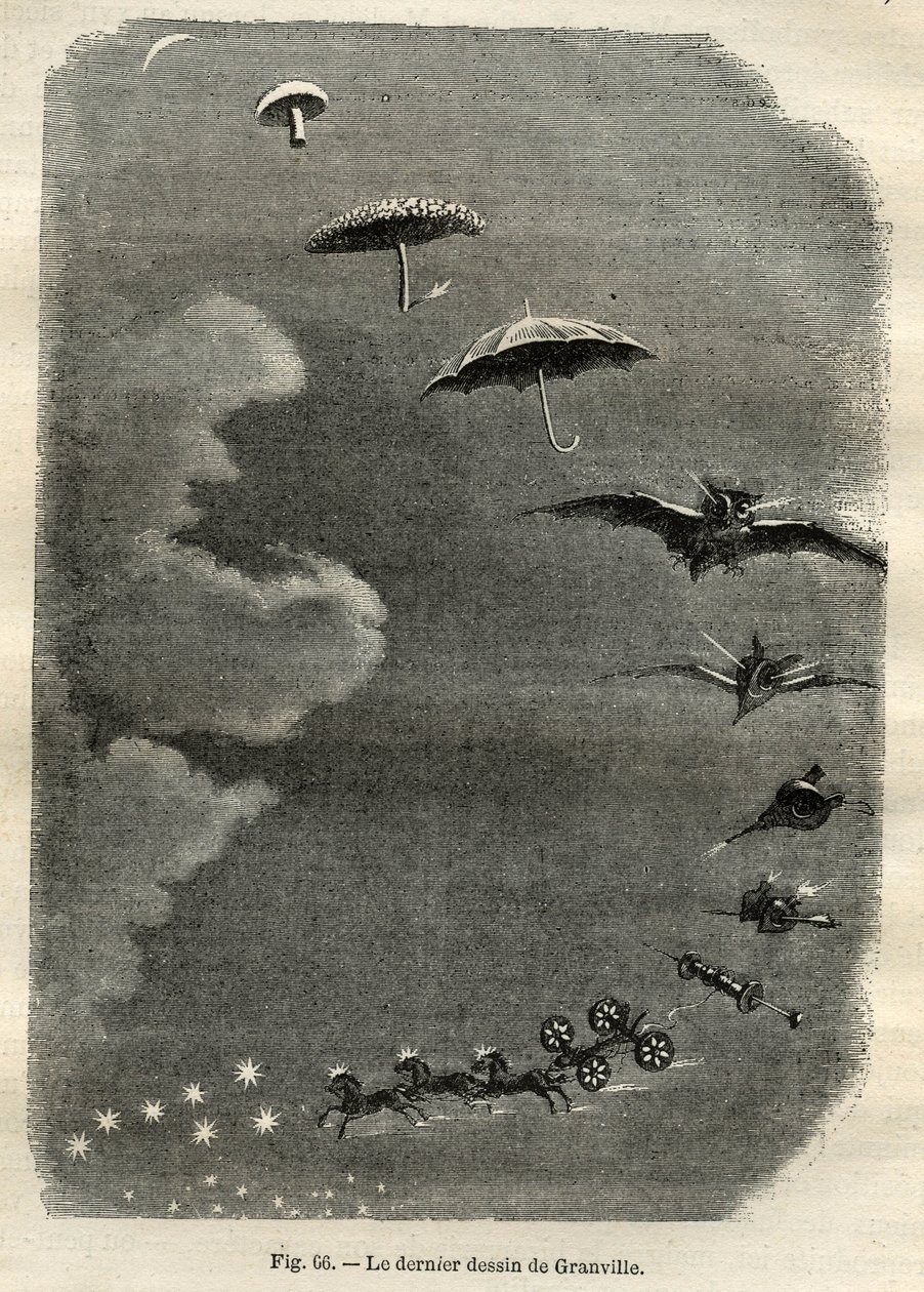 Metamorfose Celestial: O sonho de uma jovem que contempla a lua, que se transforma num cogumelo, guarda-chuva, morcego... e finalmente num tanque do Grande Urso (último desenho de Jean-Isidore Gerard, dit J.J. Grandville de Unbekannt