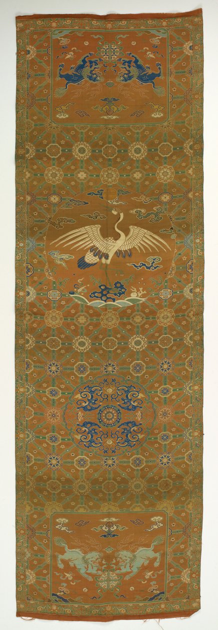Capa de cadeira com guindaste, leões, dragões, símbolos auspiciosos e florais..., dinastia Qing, século XVIII. de Unbekannt