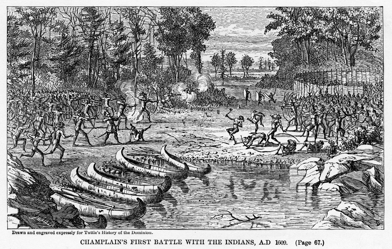 Primeira batalha de Champlains com os índios, 1609 dC, 1877 de Unbekannt