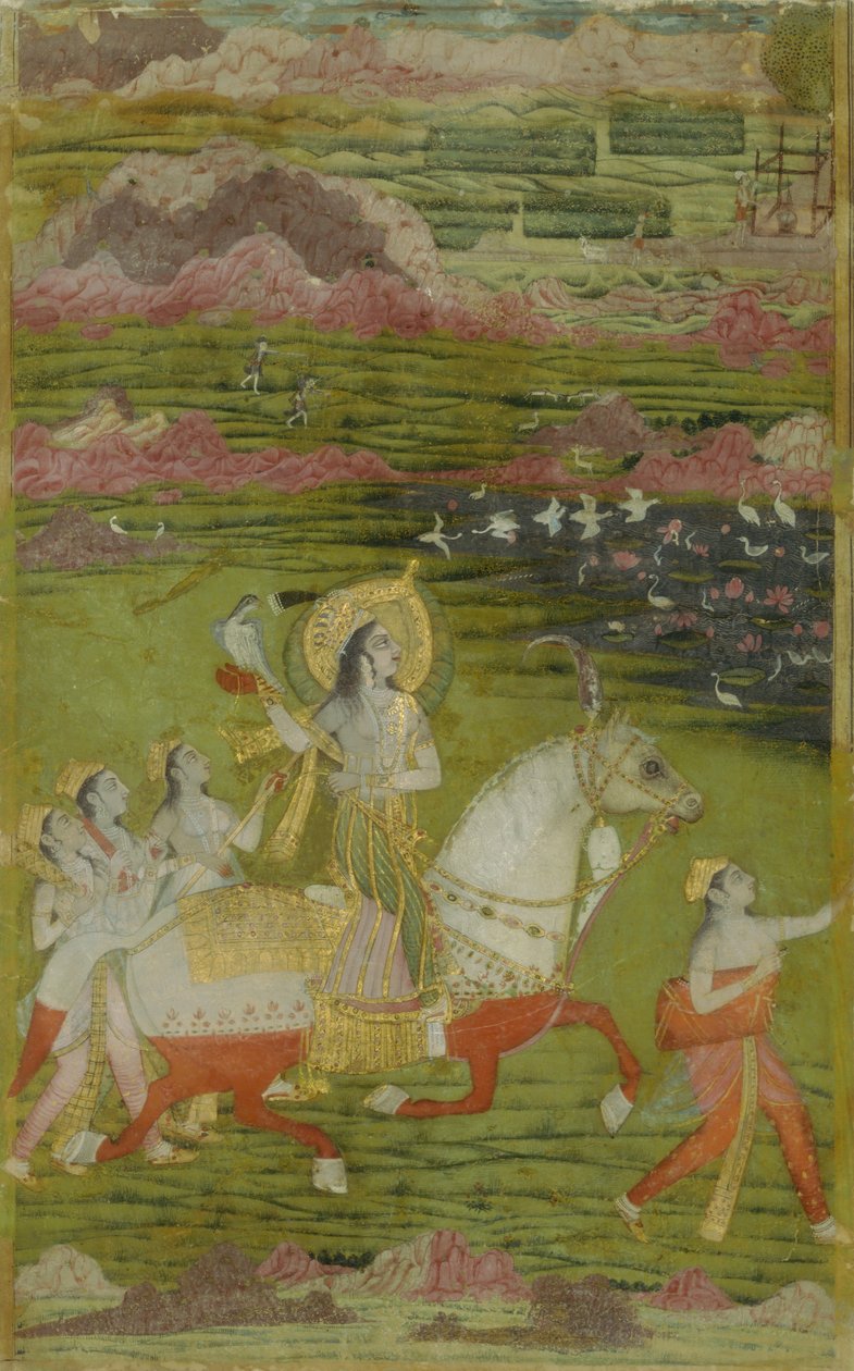 Chand Bibi Hawking com atendentes em uma paisagem, ca. 1700. de Unbekannt