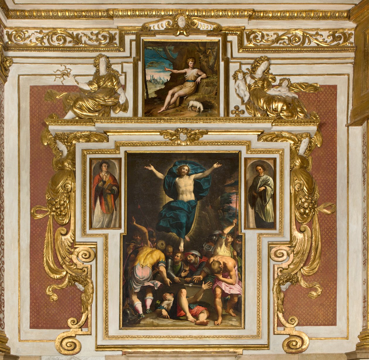 Capela de Nossa Senhora do Povo, 2º vão sul, Giovan Battista Trotti conhecido como Malosso, Ressurreição 1594, Bernardino Campi, San Giovanni nel deserto 1569, Catedral de Santa Maria Assunta, Duomo, Cremona, Lombardia, Itália (foto) de Unbekannt