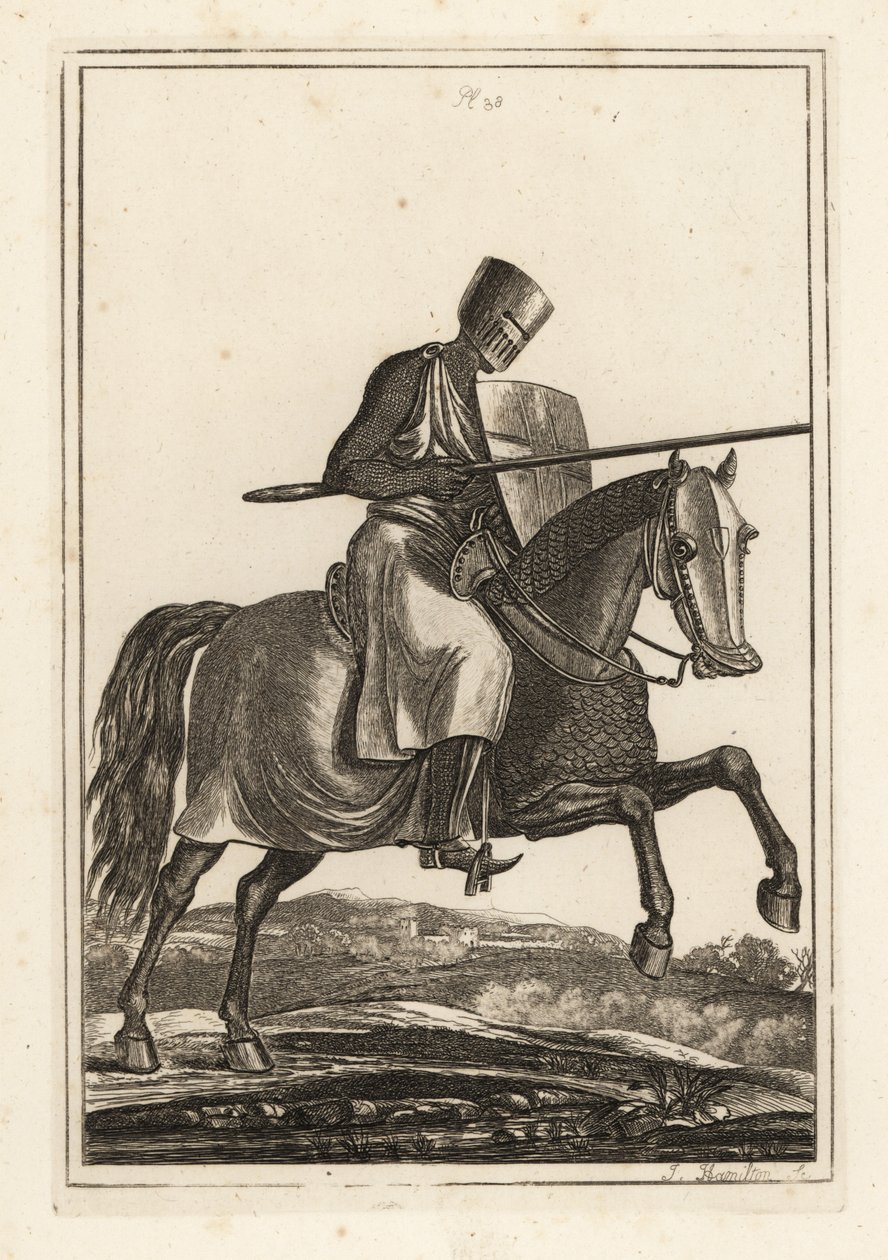 Cavaleiro de carga dos séculos XII e XIII, em gavião de correio em cadeia, capacete plano, lança, escudo de aquecimento, caneleira, sela de guerra de Unbekannt
