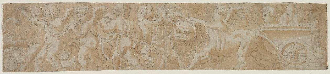 Carruagem Desenhada por Leões com Amorini reto Estudo de Arquitetura Parcial Verso, primeira metade dos anos 1500. de Unbekannt