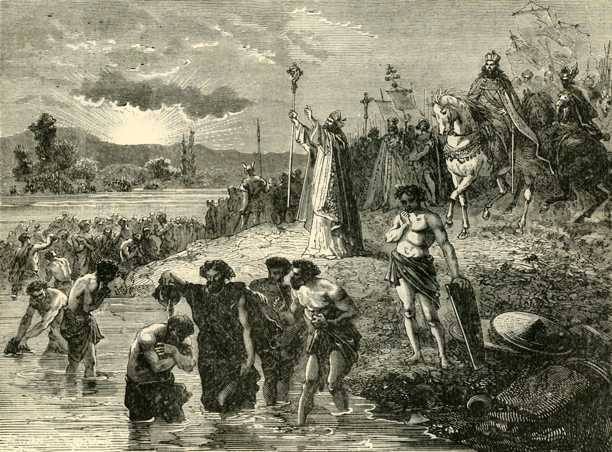 Carlos Magno fazendo com que os saxões fossem batizados no Weser, 782AD. 1890 de Unbekannt