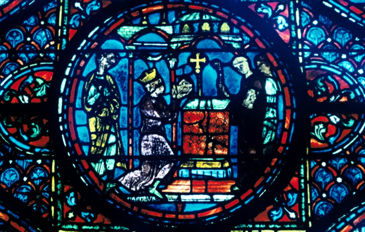 Carlos Magno dá relíquias à capela de Aix, vitral, Catedral de Chartres, França, c1225 de Unbekannt