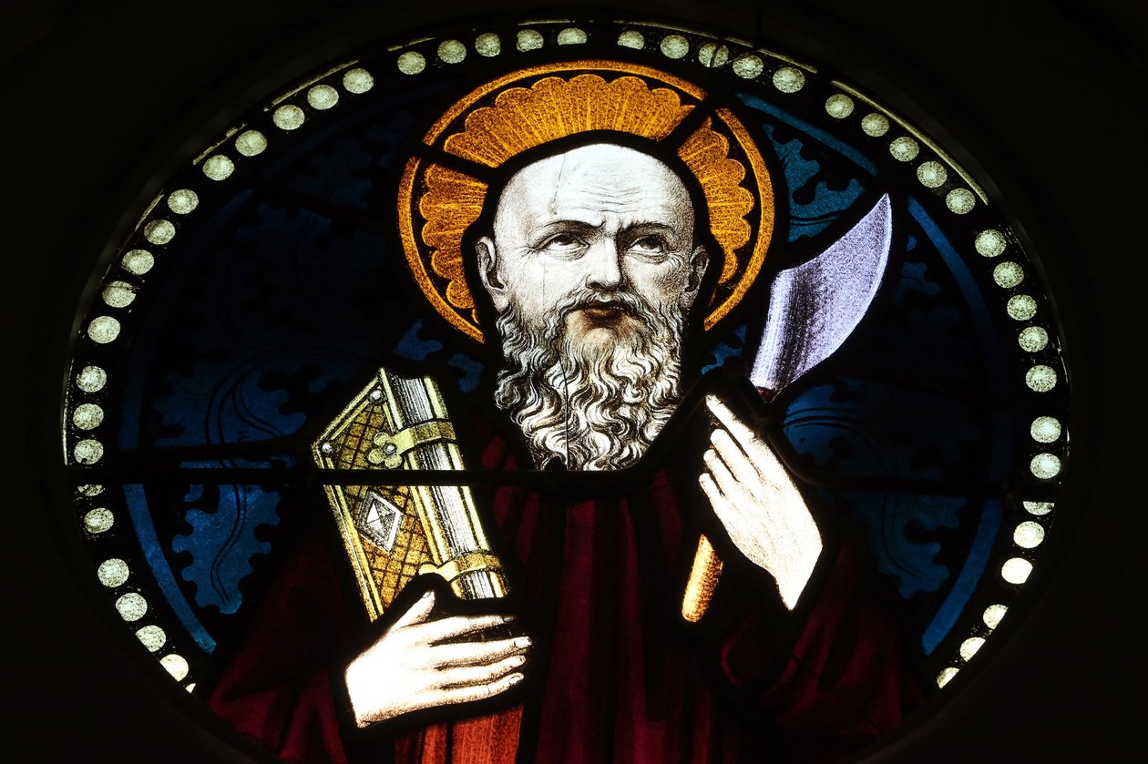 Chijmes. Janela de vidro manchado. Saint Bartholomew. Singapura de Unbekannt