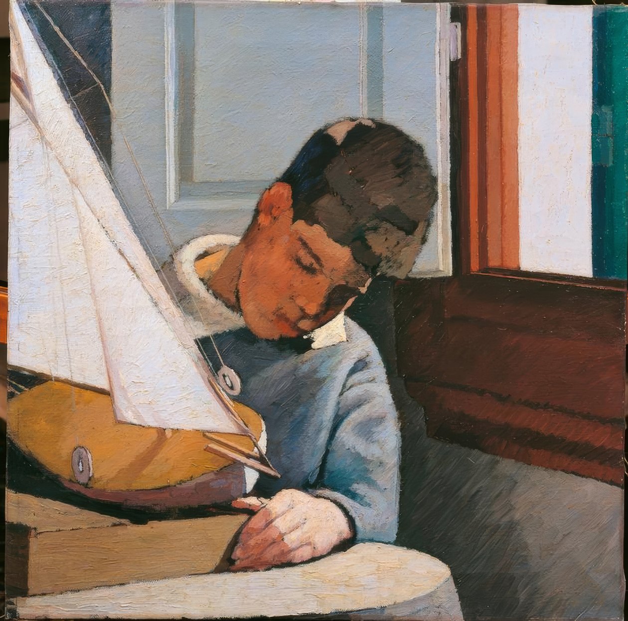 Menino menino filho do pintor sentado à mesa a brincar com um barco de síntese clássica pincel de equilíbrio cromático pinceladas cheias de luz de Unbekannt