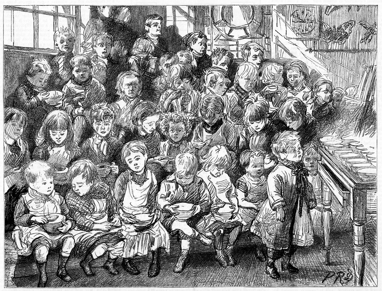 Crianças esperando a sopa na hora do jantar, London Board School, Dinamarca Terrace, Islington, 1889 de Unbekannt
