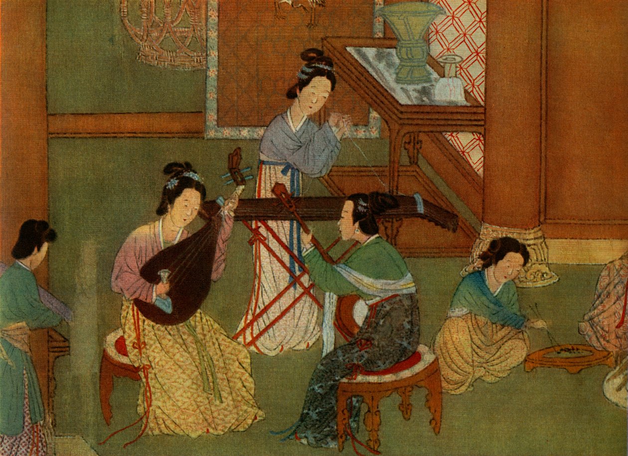 Alaúde chinês pi-pa, lua guitarra yue-queixo e mesa cítara tchin, detalhe de uma pintura em seda de de Unbekannt