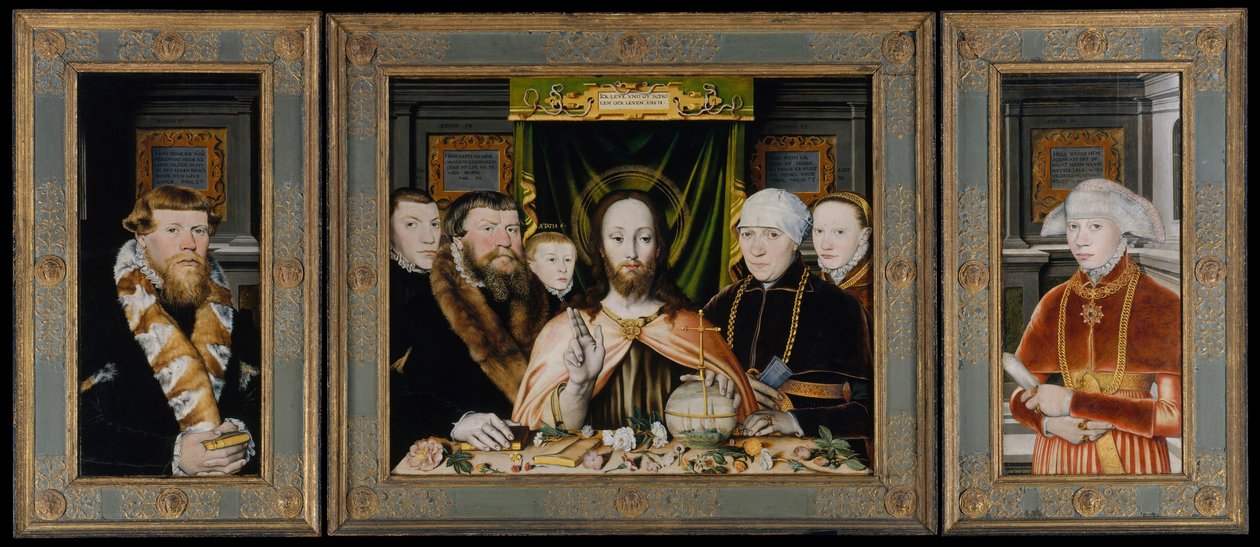 Bênção de Cristo, cercado por uma família doadora, ca. 1573-82. de Unbekannt