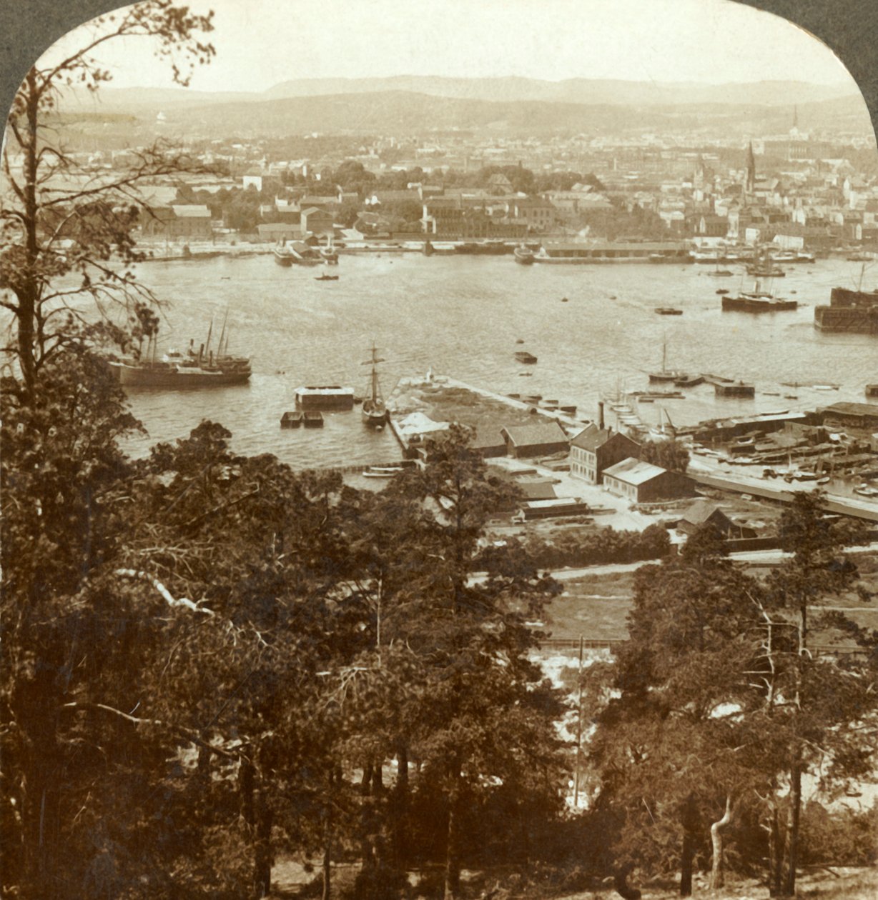 Christiania e seu movimentado porto, a noroeste do palácio real de Ekeberg, à direita, Noruega, c1905. de Unbekannt