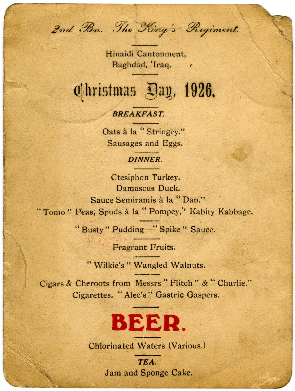 Menu do dia de Natal, 2º Batalhão do Regimento dos Reis, Iraque, 1926 de Unbekannt