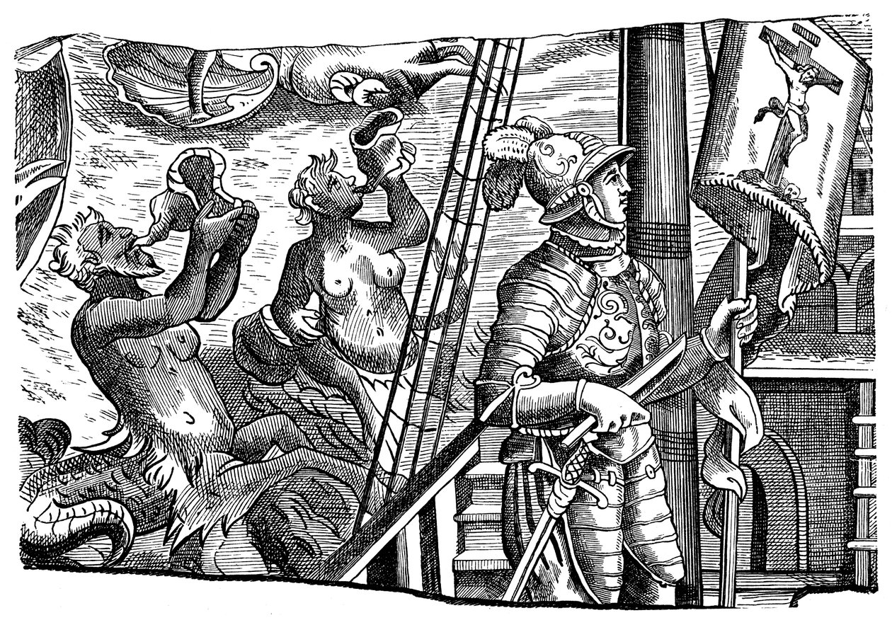 Cristóvão Colombo, durante sua viagem à América, gravura, c1500 de Unbekannt