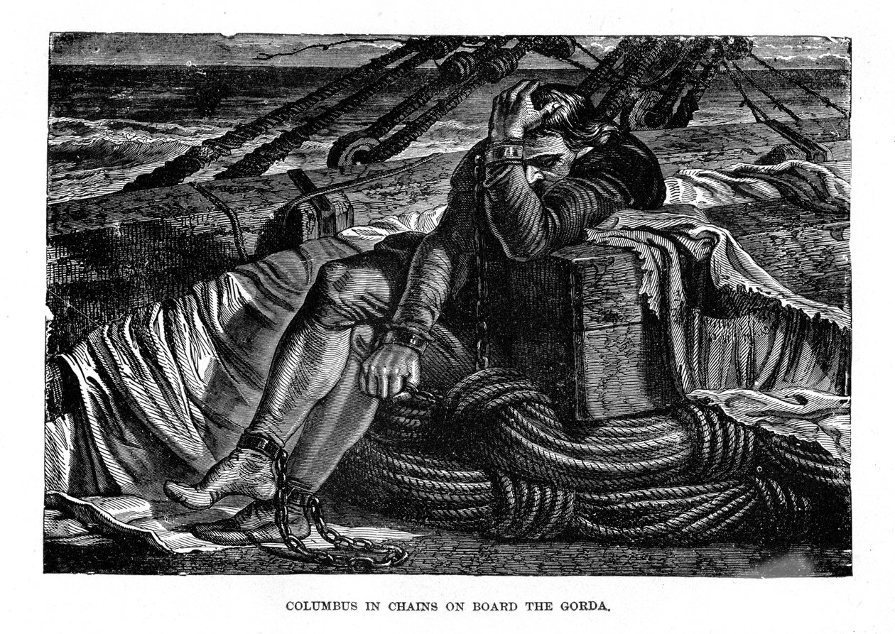 Christopher Columbus em correntes a bordo do Gorda, 1490s, c1872 de Unbekannt
