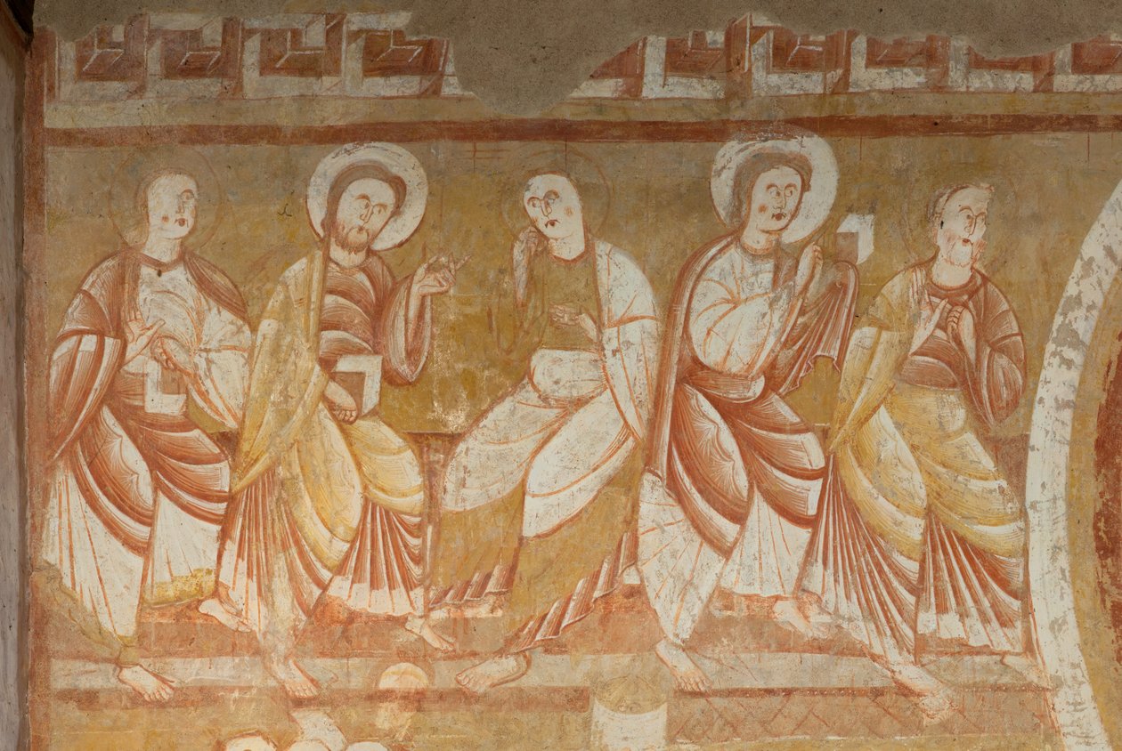 Igreja (Église Saint-Martin). Interior. Quadros de parede (fresco). Parede oeste da nave. Pormenor. Apóstolos. Século XII. de Unbekannt