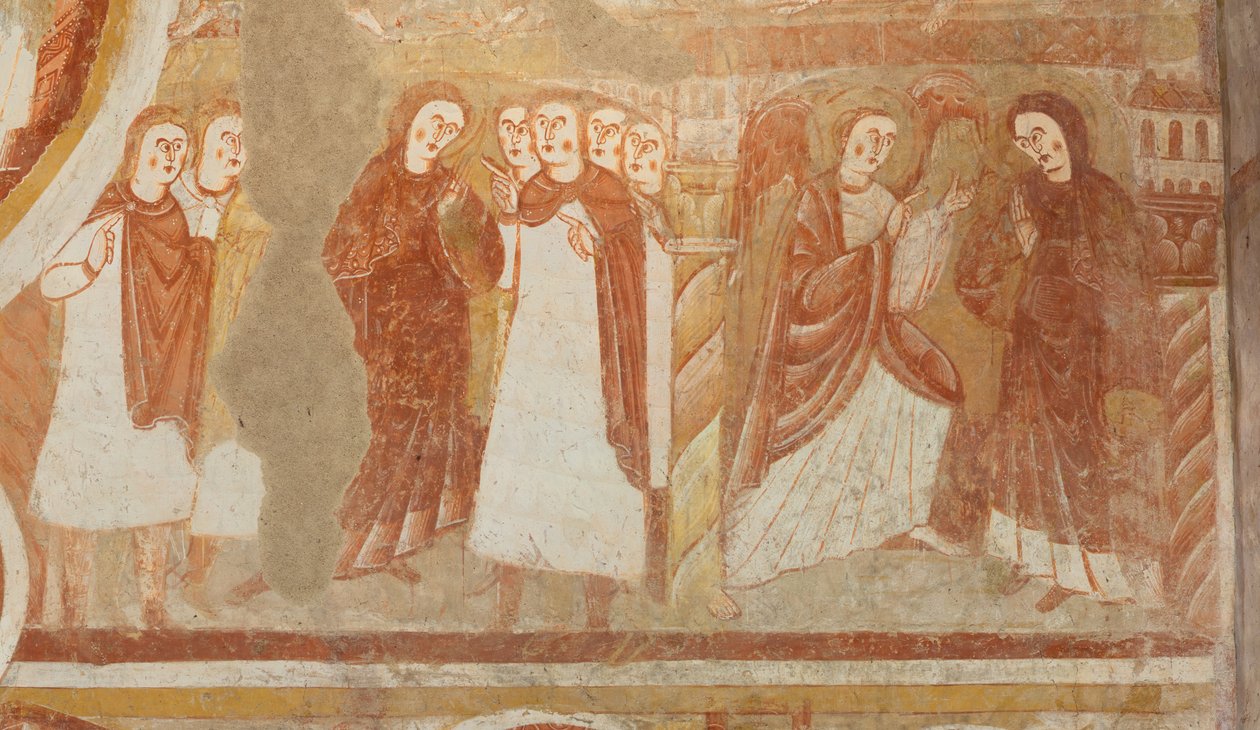 Igreja (Église Saint-Martin). Interior. Quadros de parede (fresco). Parede oeste da nave. Pormenor. Acusação e Anunciação da Virgem. Século XII. de Unbekannt