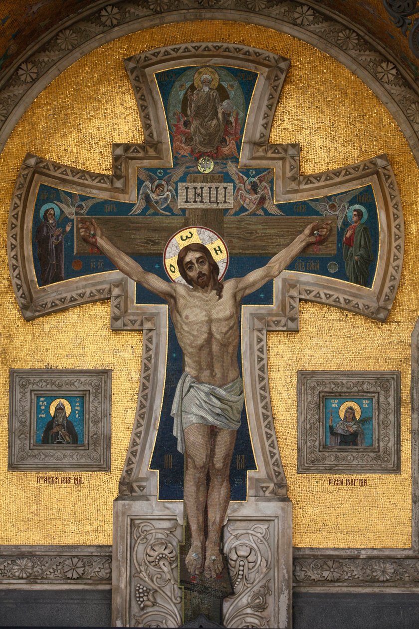 Igreja do Salvador sobre o Sangue derramado ou Igreja da Ressurreição; Fachada Mosaico; O Cruxifion; Saint-Petersburg Rússia de Unbekannt