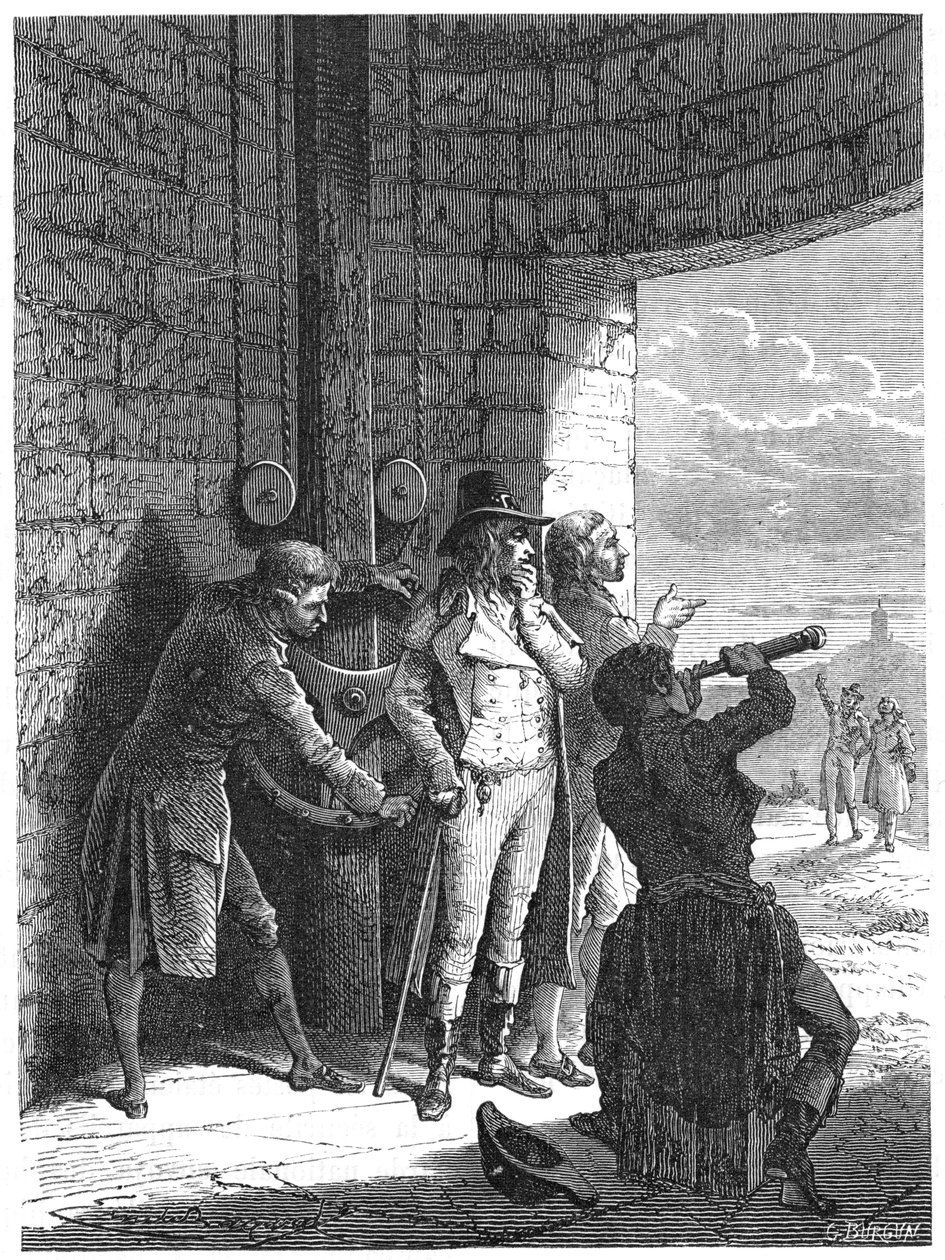 Claude Chappe demonstrando seu sistema de semáforo de telégrafo óptico em 1793 c1870 de Unbekannt