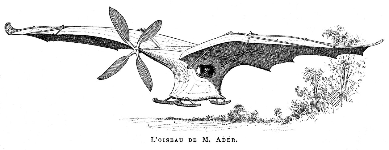 Clement Aders, pássaro voador Eole, o primeiro avião pilotado a decolar sob seu próprio vapor, 1890 de Unbekannt