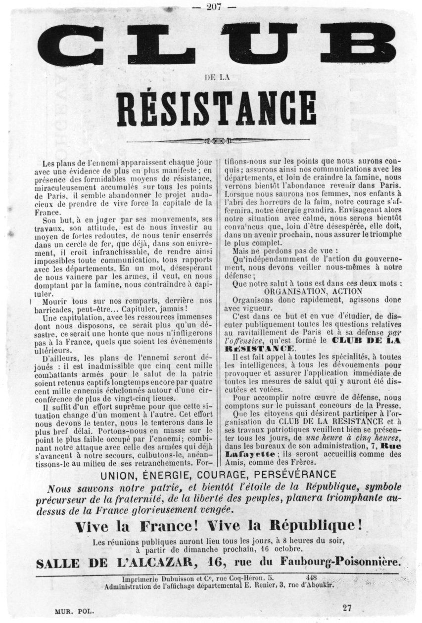 Club de la Resistance, de pôsteres políticos franceses da Comuna de Paris, maio de 1871 de Unbekannt