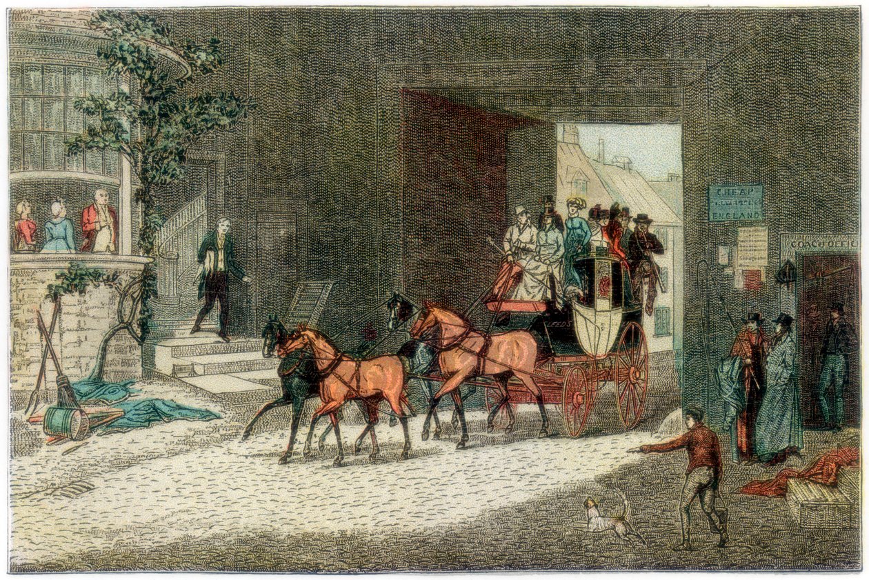 Ônibus chegando no quintal de uma pousada, 1890 de Unbekannt