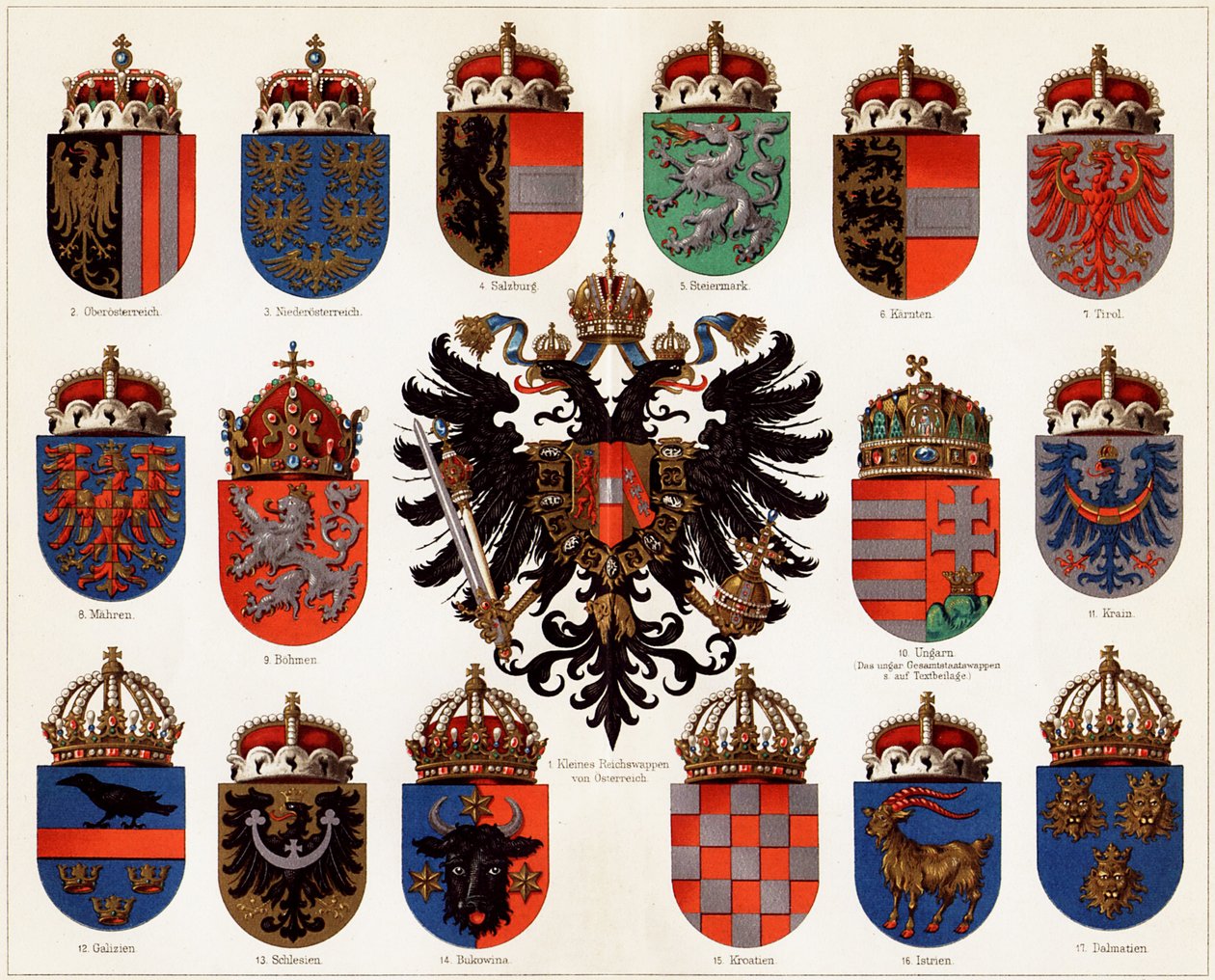 Brasões de armas dos condados da Áustria-Hungria e pequena brasão nacional da Áustria, c. 1907 de Unbekannt