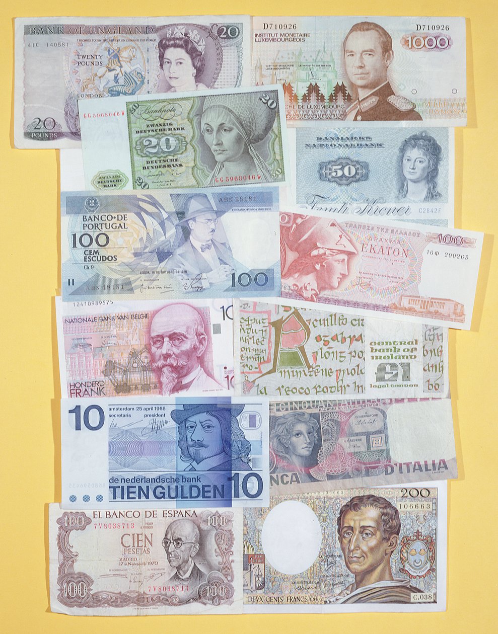 Colecção de notas do Banco Europeu do final do século XX (papel impresso) de Unbekannt