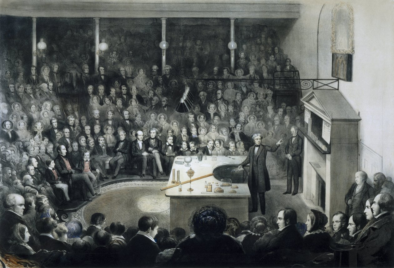 Palestra do físico Michael Faraday (1791-1867) na Instituição Real em Londres, em 27 de Dezembro de 1855, na presença do Príncipe Alberto de Saxónia-Coburgo-Gotha de Unbekannt