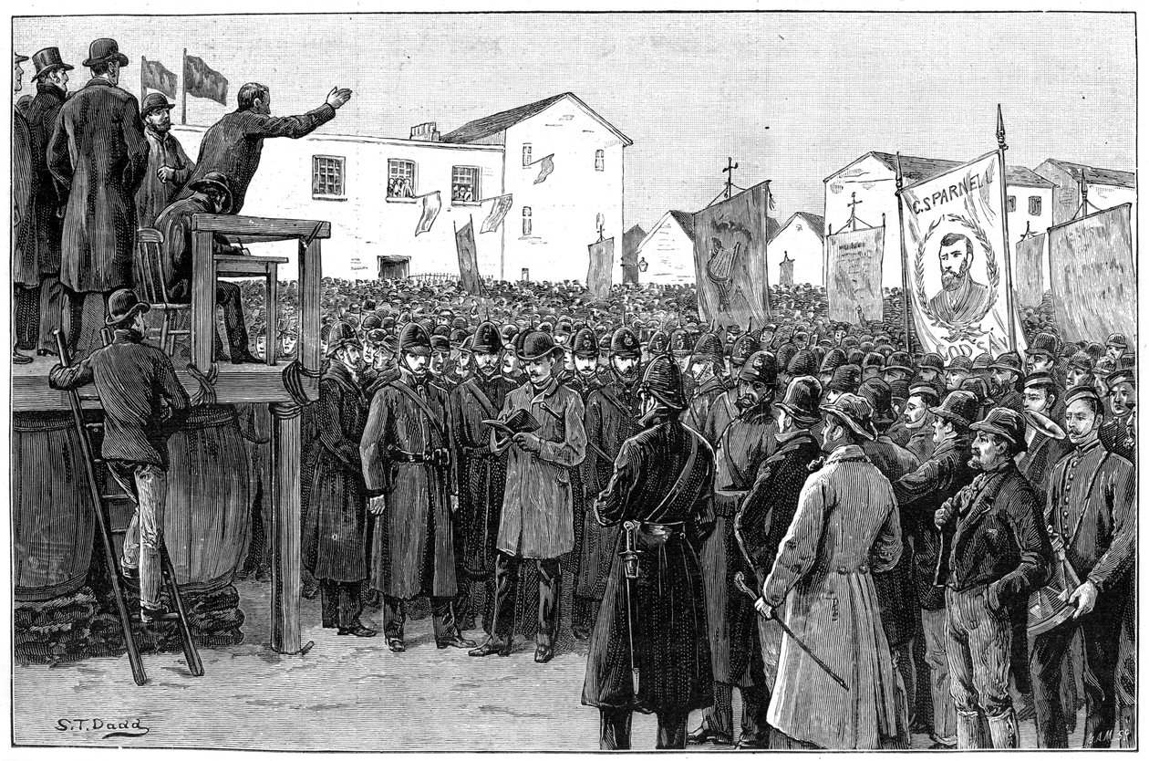 Polícia de guarda de um repórter do governo em um plano de reunião de campanha, Irlanda, 1887 de Unbekannt