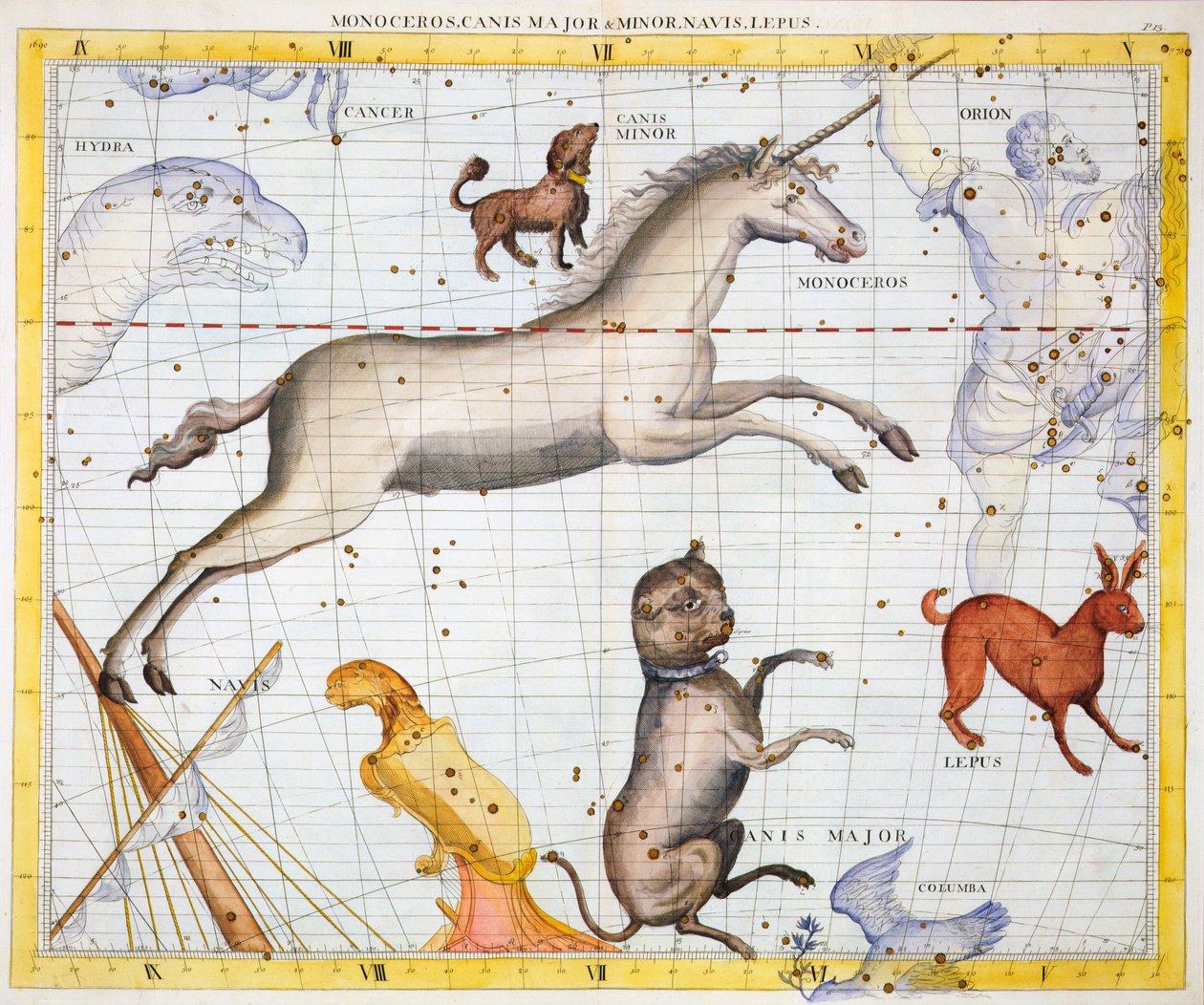 Constelações de Monoceros, Canis Major e Canis Minor, 1729 de Unbekannt