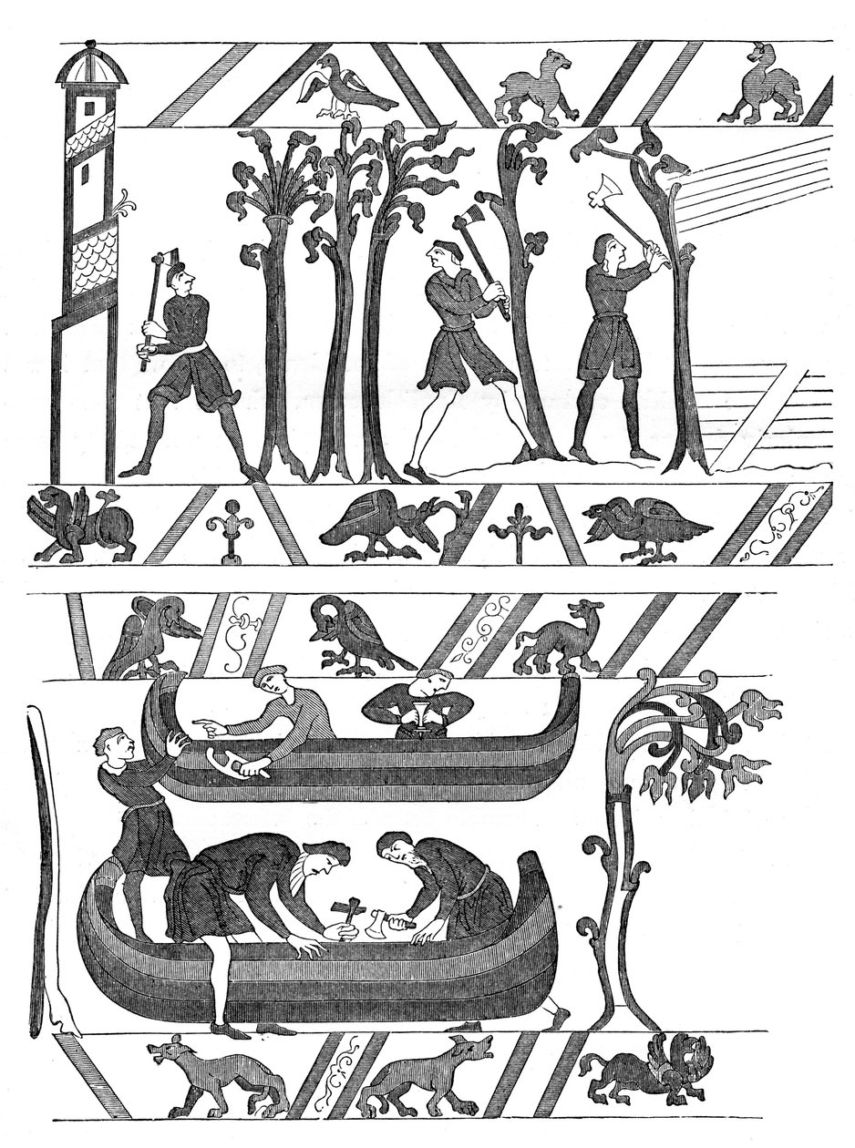 Construção dos barcos para William I, tapeçaria de Bayeux, c1070s, 1870 de Unbekannt