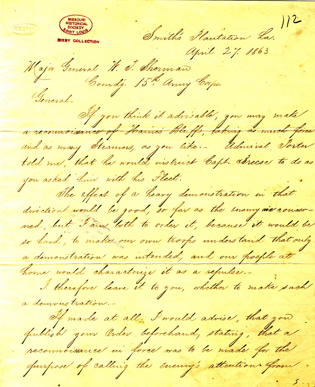 Cópia contemporânea de carta de U. S. Grant, Smith