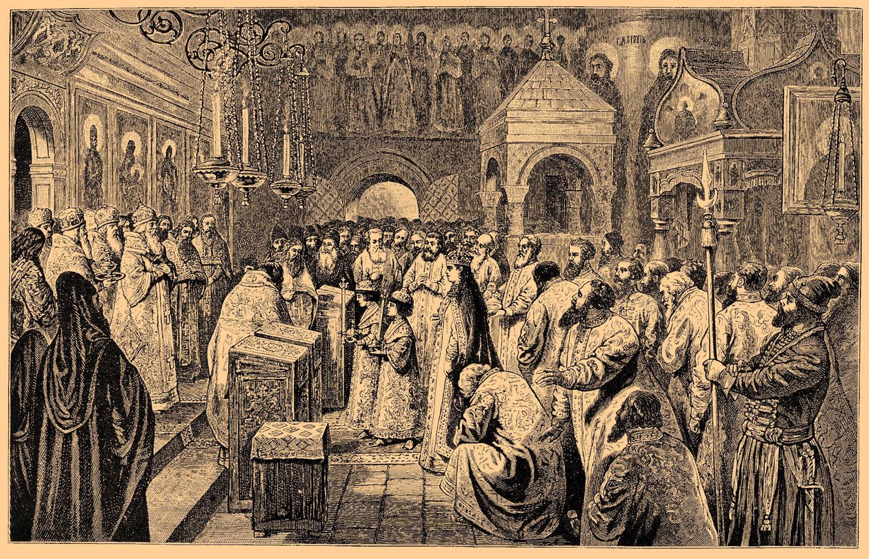 Coroação dos dois filhos Romanov, Ivan V e Pedro I, 1682, século XIX de Unbekannt
