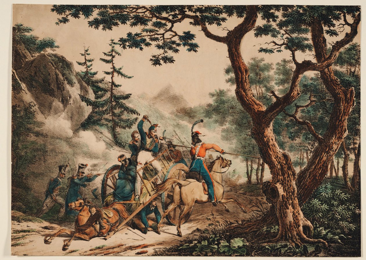 Cossacos atacando soldados franceses em uma floresta, 1825 de Unbekannt