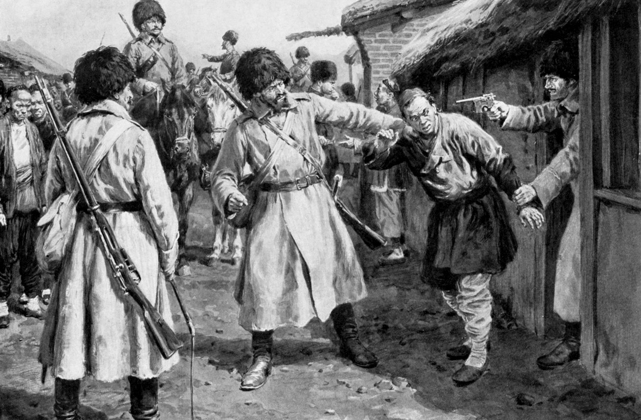Cossacos à procura de espiões japoneses em uma vila da Manchúria, Guerra Russo-Japonesa, 1904-5 de Unbekannt