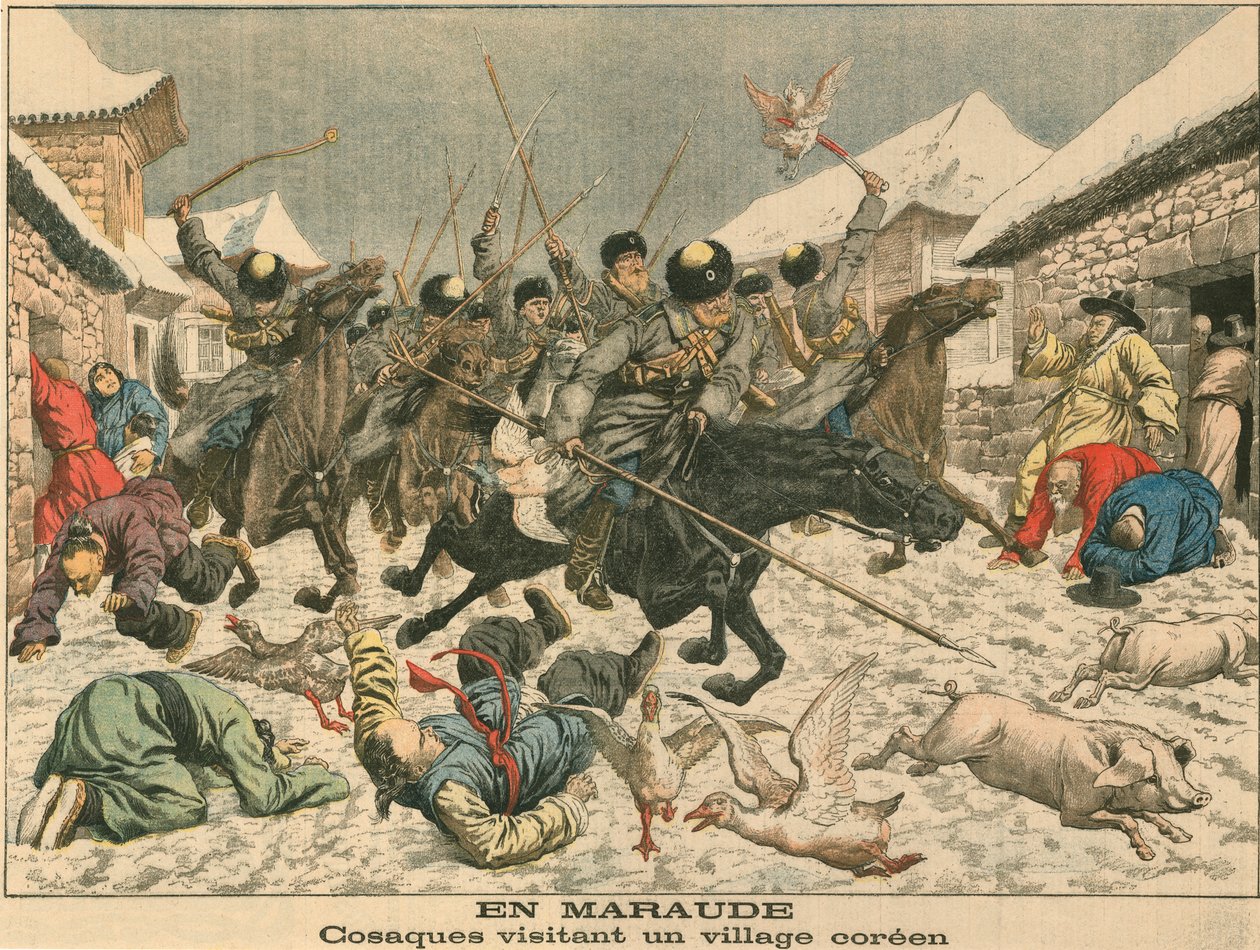 Cossacos aterrorizando uma vila coreana, Guerra Russo-Japonesa, 1904 de Unbekannt
