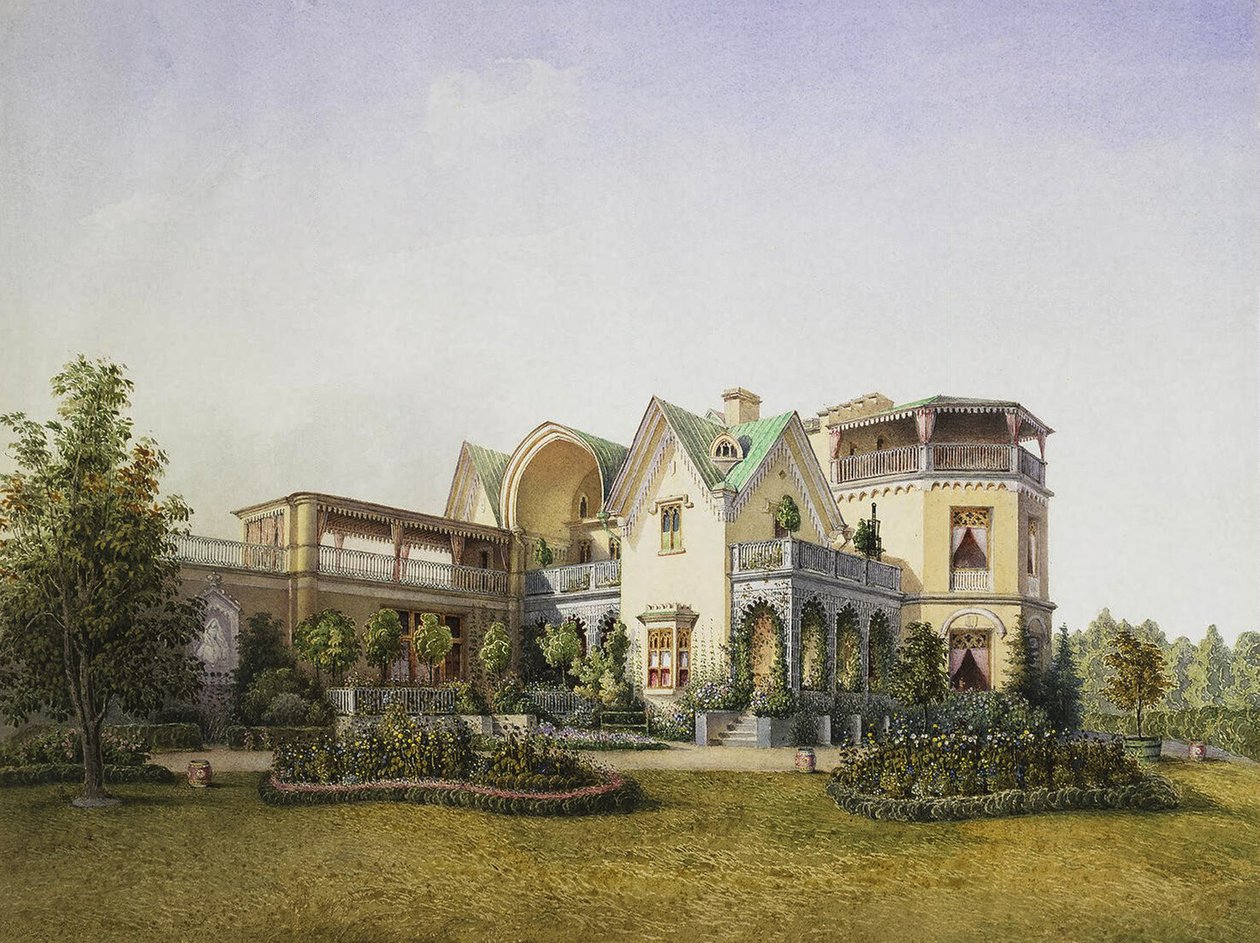 Palácio de Cottege no parque Alexandria em Peterhof, 1847 de Unbekannt