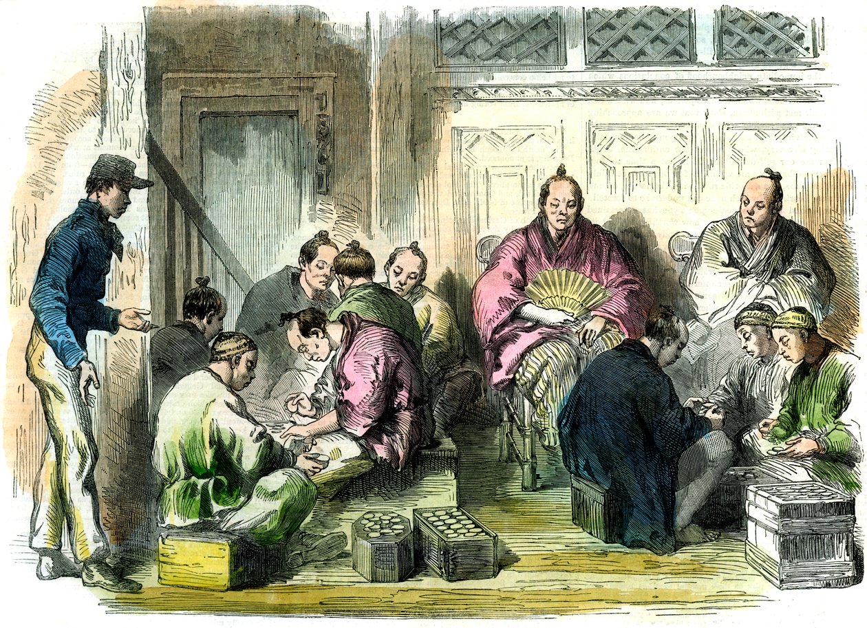 Contando o dinheiro da compensação pelo assassinato de Richardson, Japão, 1863 de Unbekannt
