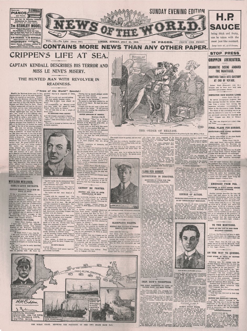 Crippens Life at Sea, primeira página do News of the World, 31 de julho de 1910. de Unbekannt