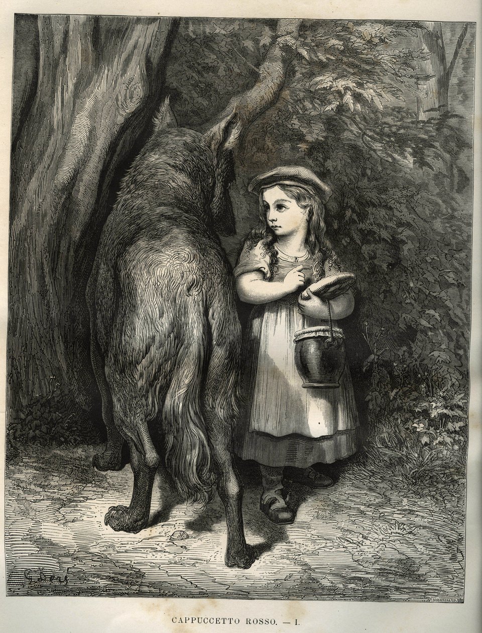 Atravessando a floresta, o pequeno capuchinho vermelho encontra o lobo. Gravura de Gustave Dore (1832-1883) de "Les contes" de Charles Perrault (1628-1703) de Unbekannt