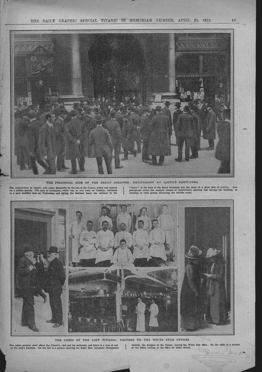 Multidões do lado de fora do Lloyds of London, chefs a bordo e escritórios da White Star, em 20 de abril de 1912. de Unbekannt