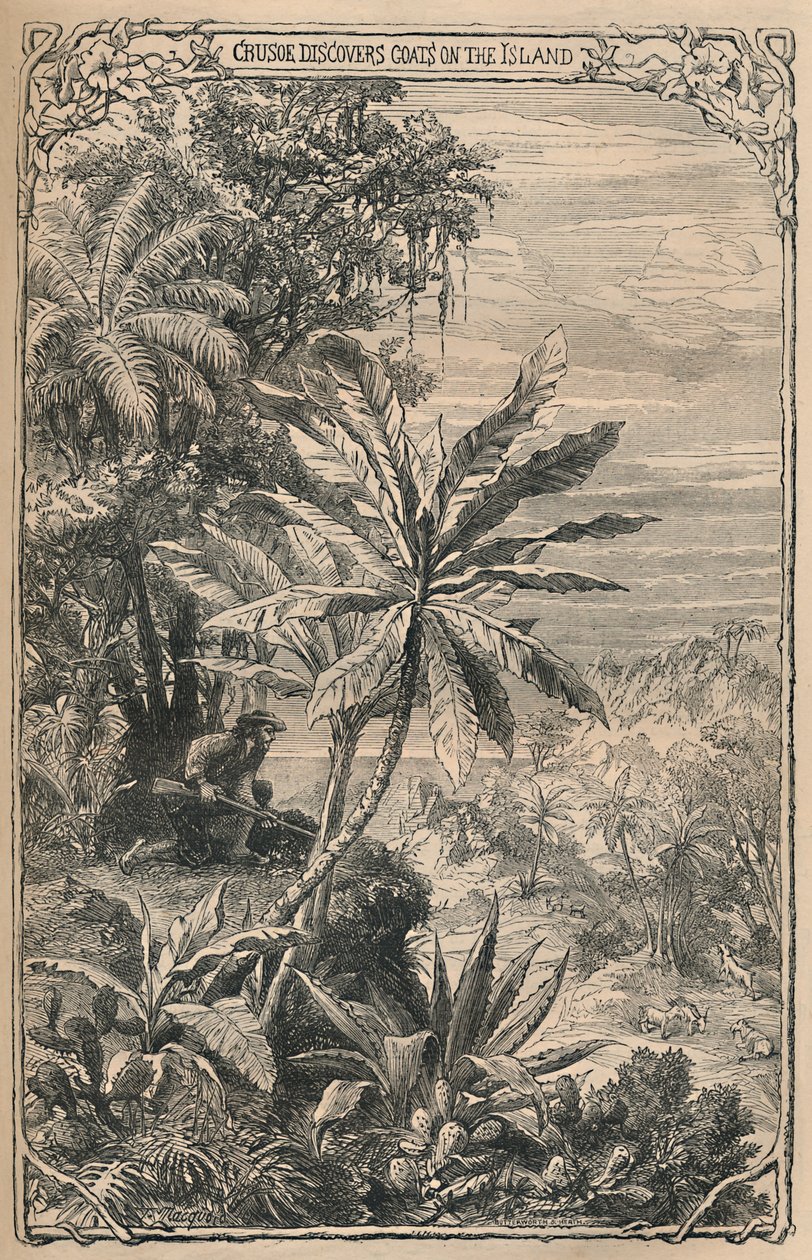 Crusoé descobre cabras na ilha, c1870 de Unbekannt