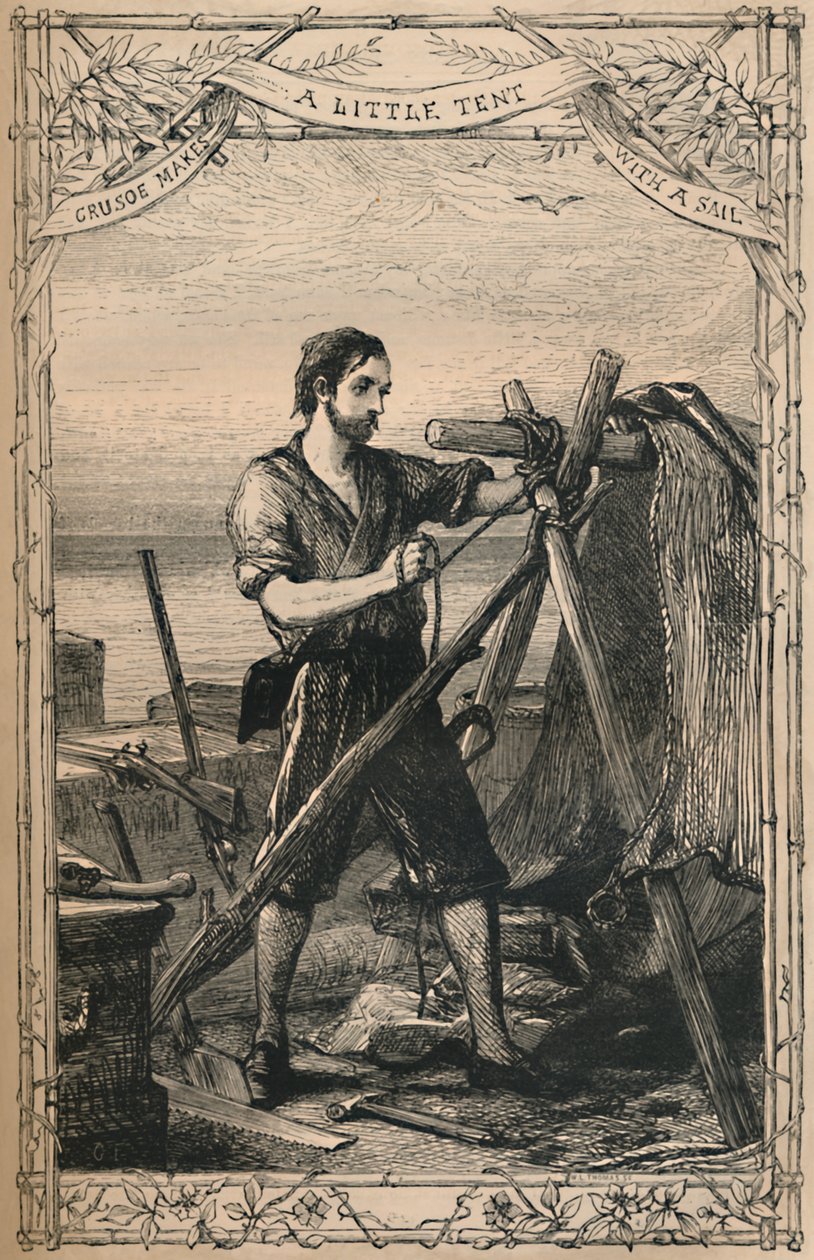Crusoe faz uma pequena tenda com uma vela, c1870 de Unbekannt