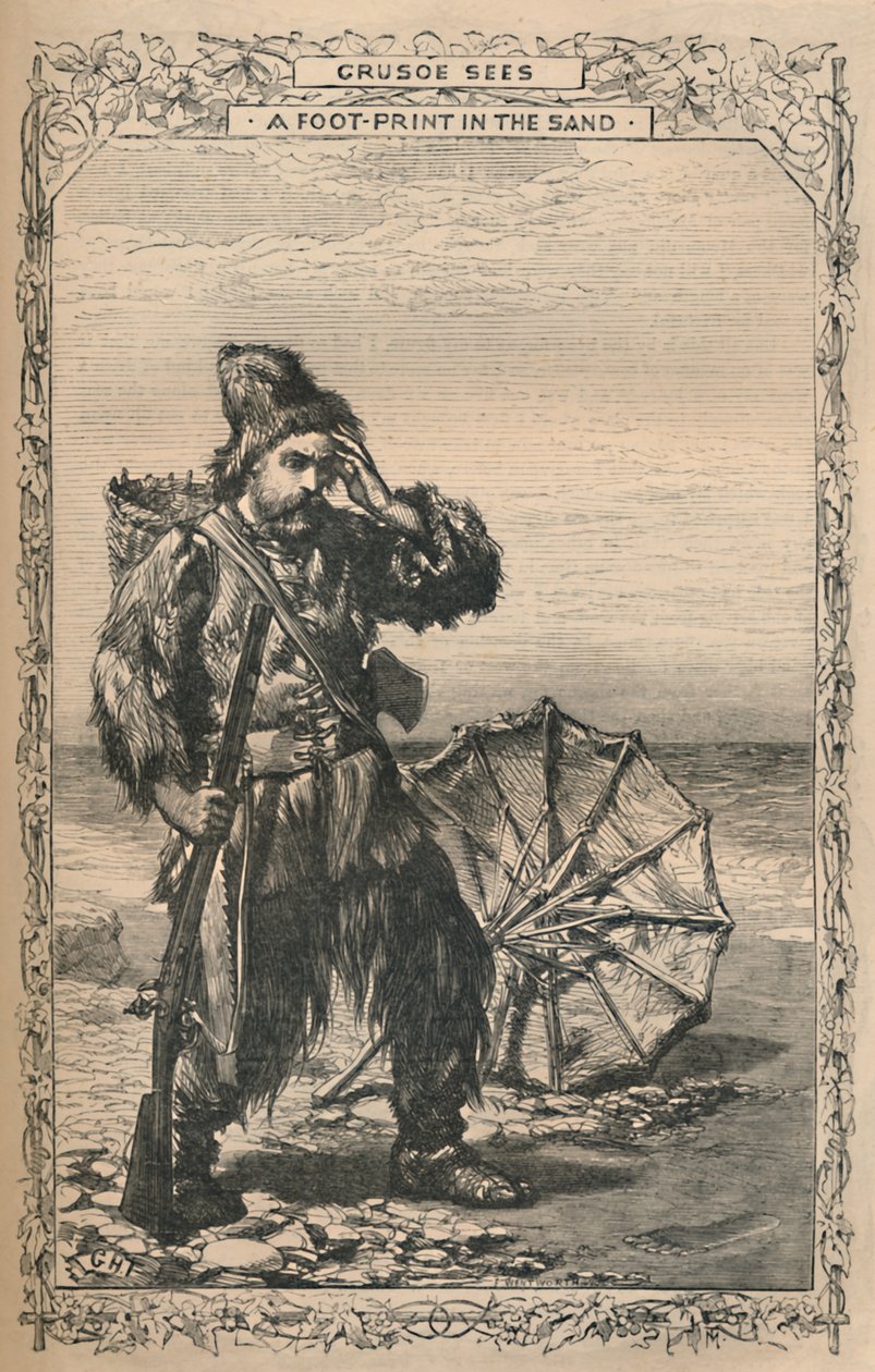 Crusoé vê uma pegada na areia, c1870 de Unbekannt