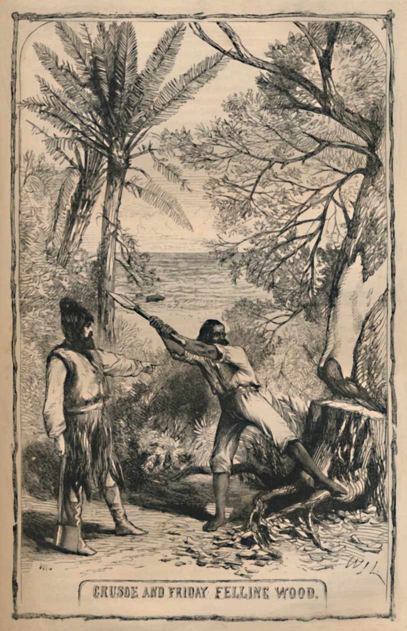 Crusoe e Friday Felling Wood, c1870 de Unbekannt