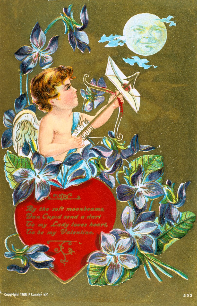 Cupido atirando uma flecha carregando uma carta de amor, cartão de dia dos namorados americano, 1908 de Unbekannt